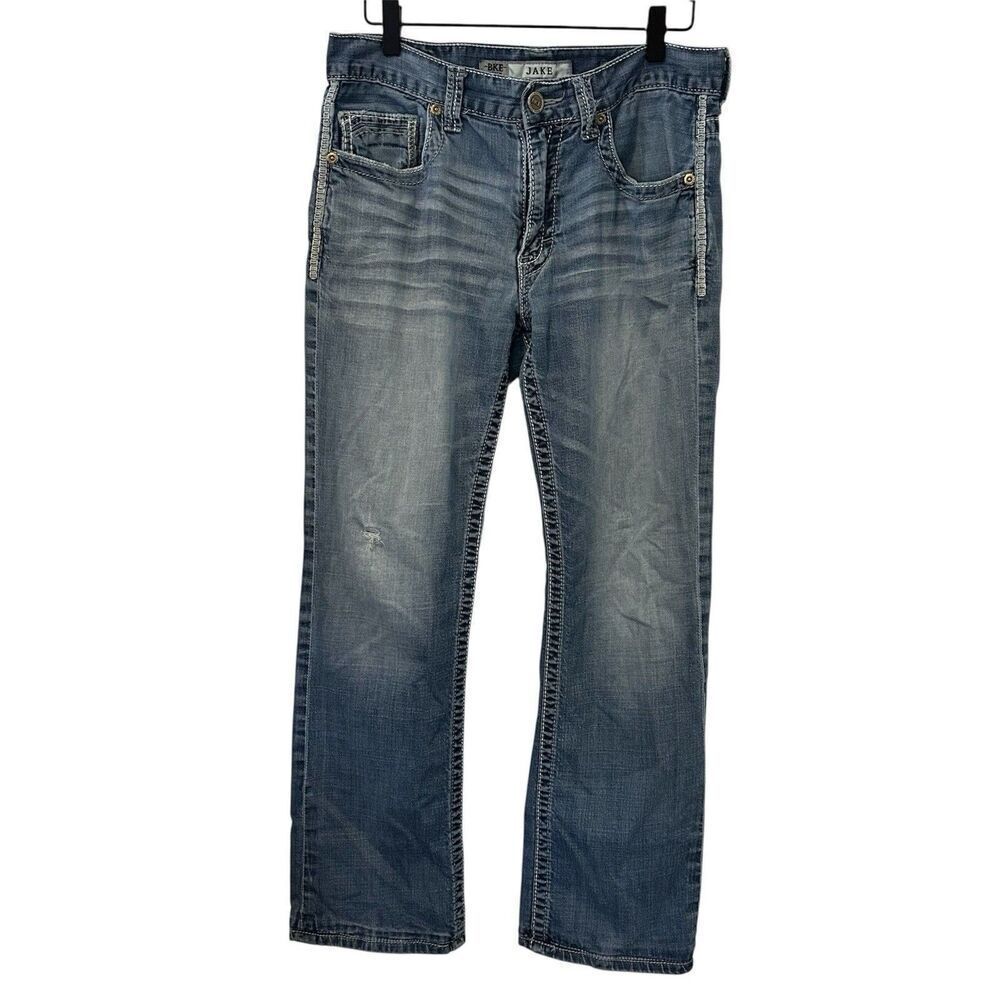 BKE Jake Jeans Mens 31R Stretch Distressed Pocket Design Cowboy